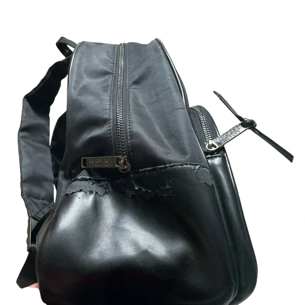 Versace Medusa head black faux patent leather nylon backpack
